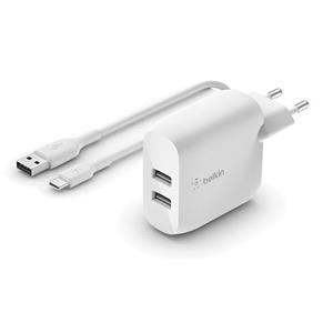 Belkin BOOST CHARGE™ Duální 24W USB-A nástěnná nabíječka + 1m USB-C kabel, bílá