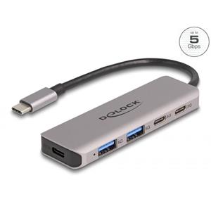 Delock Dvouportový rozbočovač sítě USB 5 Gbps se dvěma porty USB Type-C, se dvěma porty Typu-A a s konektorem USB Type-C