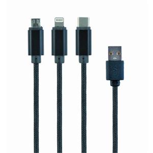 GEMBIRD CABLEXPERT Kabel USB A Male/Micro B + Type-C + Lightning, 1m, opletený, černý, blister